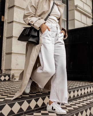 Beige Trenchcoat with White Denim Wide Leg Pants Outfits: 