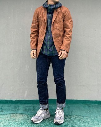Men's Navy and Green Windbreaker, Tobacco Cotton Blazer, Navy Jeans, Grey Athletic Shoes