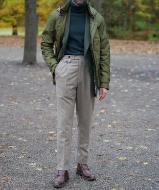 Olive Windbreaker Outfits For Men: Combining an olive windbreaker and beige dress pants will create a confident, masculine silhouette. A pair of dark brown leather double monks can immediately dress up any look.