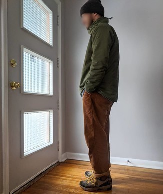 Olive Windbreaker Outfits For Men: If you appreciate the comfort look, make an olive windbreaker and tobacco corduroy chinos your outfit choice. Brown athletic shoes will give a more relaxed touch to an otherwise traditional ensemble.