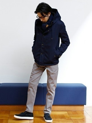 Navy Suede Tassel Loafers Outfits: If you like a more casual approach to style, why not try teaming a navy windbreaker with grey chinos? Want to dial it up in the shoe department? Choose a pair of navy suede tassel loafers.