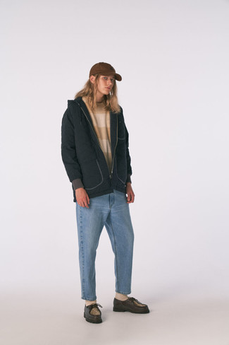 Men's Black Windbreaker, Tan Gingham Crew-neck Sweater, Light Blue Jeans, Dark Brown Leather Desert Boots