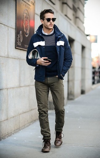 Navy Horizontal Striped Crew-neck Sweater Outfits For Men: Go for a navy horizontal striped crew-neck sweater and olive jeans to feel self-confident and look casually dapper. Dark brown leather casual boots introduce a sophisticated aesthetic to the outfit.