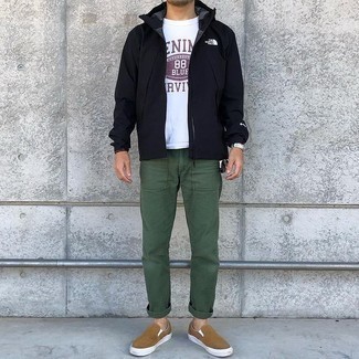 500+ Spring Outfits For Men: Exhibit your prowess in men's fashion by teaming a black windbreaker and dark green chinos for a casual outfit. If not sure as to what to wear when it comes to shoes, introduce brown canvas slip-on sneakers to this outfit. And if you're hunting for a neat look that will take you from winter to spring, this one is great.
