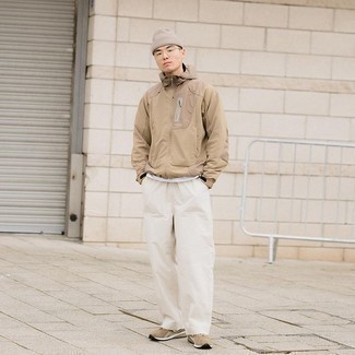 Beige Beanie Outfits For Men: If you don't take fashion too seriously, go for casually cool menswear style in a tan windbreaker and a beige beanie. When not sure about the footwear, go with tan athletic shoes.