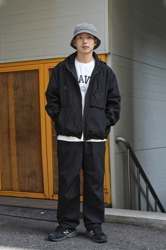 Men's Black Windbreaker, White and Navy Print Crew-neck T-shirt, Black Chinos, Black and White Athletic Shoes