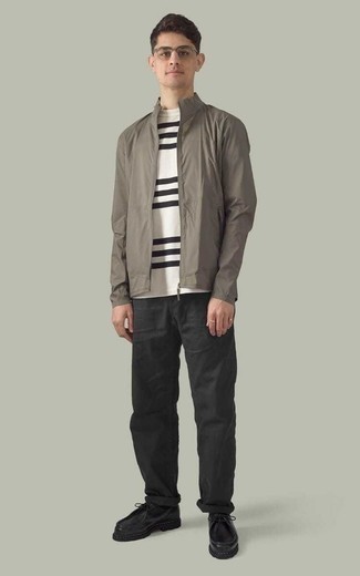 Grey Windbreaker Outfits For Men: Dress in a grey windbreaker and charcoal chinos for an everyday look that's full of charisma and personality. If in doubt about what to wear on the shoe front, add black leather desert boots to this look.
