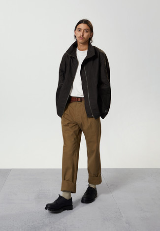 Men's Black Windbreaker, White Crew-neck T-shirt, Brown Chinos, Black Chunky Leather Derby Shoes