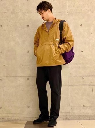 Violet Canvas Backpack Outfits For Men: Why not consider pairing a tobacco windbreaker with a violet canvas backpack? As well as totally functional, both of these pieces look good matched together. And if you want to easily up this outfit with footwear, complete your ensemble with a pair of black suede desert boots.
