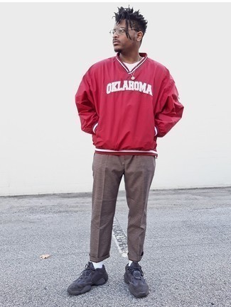 Men's Red Print Windbreaker, White Crew-neck T-shirt, Brown Check Chinos, Charcoal Athletic Shoes