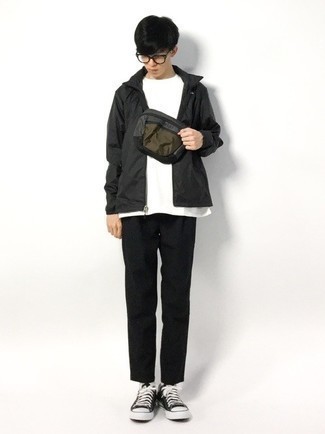 Charcoal Canvas Fanny Pack Outfits For Men: Pair a black windbreaker with a charcoal canvas fanny pack for a casual street style and trendy getup. Why not complement this ensemble with black and white canvas low top sneakers for a hint of elegance?
