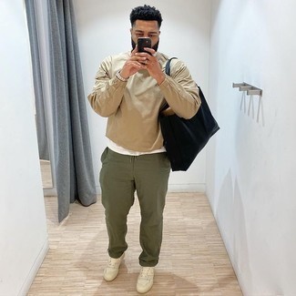Men's Tan Windbreaker, White Crew-neck T-shirt, Olive Chinos, Beige Leather Low Top Sneakers