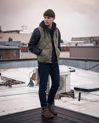 Olive Beanie Outfits For Men: This combination of a black windbreaker and an olive beanie speaks comfort and effortless style. For a more polished vibe, why not add a pair of dark brown leather casual boots to the mix?