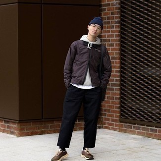 Navy Beanie Outfits For Men: Dress in a dark brown windbreaker and a navy beanie to feel infinitely confident in yourself and look sharp. As for footwear, introduce dark brown athletic shoes to this look.