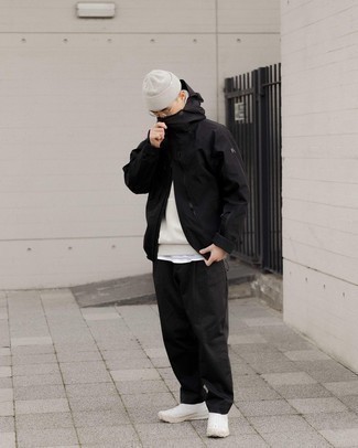Black Windbreaker Outfits For Men: Marrying a black windbreaker with black chinos is a wonderful idea for a laid-back and cool ensemble. If you need to immediately dial down this ensemble with footwear, introduce white athletic shoes to the equation.