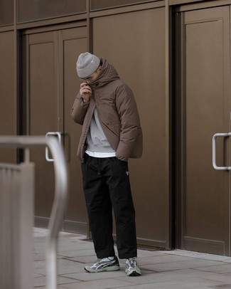 Brown Windbreaker Outfits For Men: A brown windbreaker and black chinos are worth adding to your list of veritable casual staples. Grab a pair of grey athletic shoes to easily kick up the street cred of this ensemble.