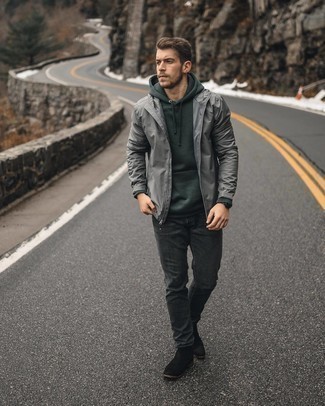 Grey Windbreaker Outfits For Men: A grey windbreaker and charcoal jeans work together beautifully. Rounding off with black suede chelsea boots is a fail-safe way to bring a bit of depth to your look.
