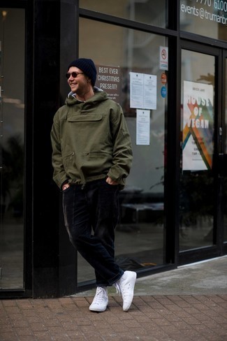 Olive Windbreaker Outfits For Men: For a look that's very straightforward but can be manipulated in many different ways, dress in an olive windbreaker and black corduroy jeans. Add a pair of white canvas high top sneakers to the mix to instantly rev up the fashion factor of this look.