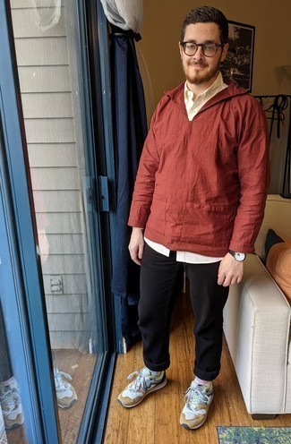 Black Knit Chinos Outfits: A red windbreaker and black knit chinos matched together are a sartorial dream for those who prefer casual styles. Multi colored athletic shoes will bring a laid-back touch to an otherwise standard outfit.