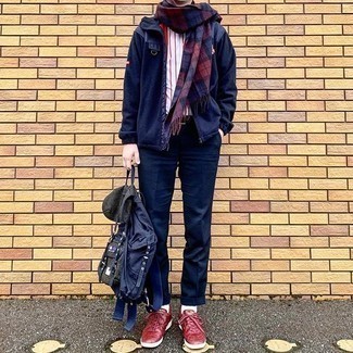 Red and Navy Scarf Outfits For Men: Marry a navy windbreaker with a red and navy scarf to pull together an incredibly stylish and casual street style ensemble. Why not complement your getup with burgundy leather low top sneakers for an added dose of style?
