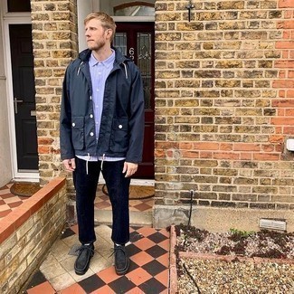Jeans Outfits For Men: If you prefer casual style, why not take this combo of a navy windbreaker and jeans for a spin? Rounding off with black suede desert boots is a guaranteed way to give an extra dose of refinement to this look.
