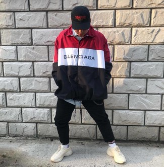 Men's White and Red and Navy Windbreaker, Light Blue Vertical Striped Long Sleeve Shirt, Black Sweatpants, Beige Athletic Shoes