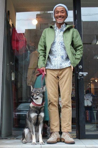 Men's Olive Windbreaker, White and Blue Print Polo, Khaki Chinos, Beige Suede Desert Boots