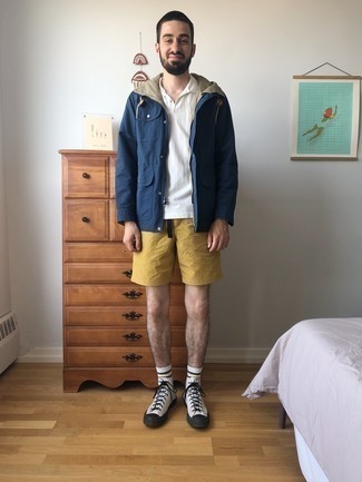 Men's Navy Windbreaker, White Polo, Mustard Shorts, White and Black Canvas High Top Sneakers