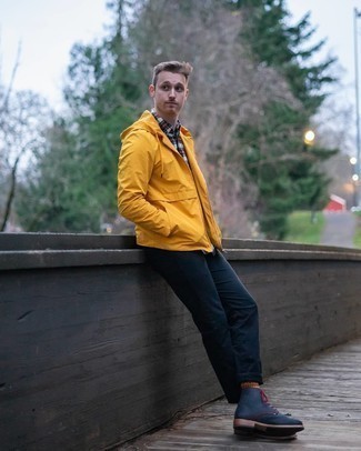 Men's Mustard Windbreaker, White and Red and Navy Short Sleeve Shirt, Navy Chinos, Navy Leather Casual Boots