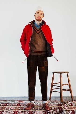 Men's Red Windbreaker, Brown Sweater Vest, Blue Chambray Long Sleeve Shirt, Dark Brown Check Chinos