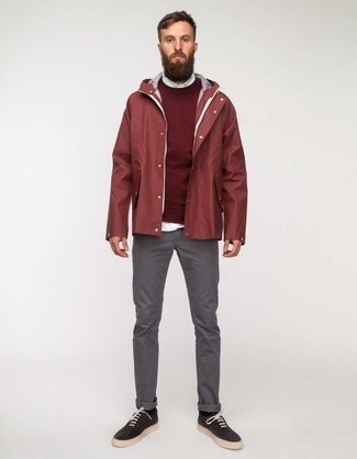 Burgundy Windbreaker Outfits For Men: A burgundy windbreaker and charcoal chinos are indispensable menswear essentials if you're picking out an off-duty wardrobe that matches up to the highest sartorial standards. A pair of black canvas low top sneakers serves as the glue that brings your outfit together.