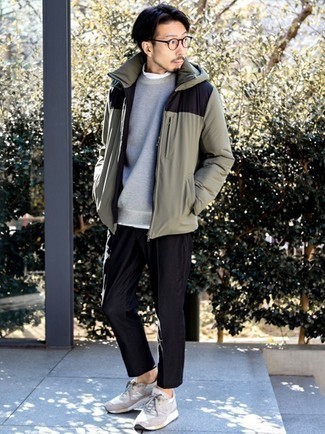 Olive Windbreaker Outfits For Men: For functionality without the need to sacrifice on style, we like this pairing of an olive windbreaker and black chinos. Rounding off with grey athletic shoes is a fail-safe way to inject a more relaxed spin into this look.