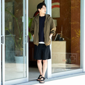 Brown Windbreaker Outfits For Men: Combining a brown windbreaker with black shorts is a nice option for a casually dapper ensemble. For a more laid-back aesthetic, slip into black canvas sandals.