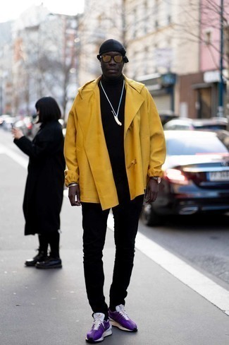 Gold Sunglasses Outfits For Men: A mustard windbreaker and gold sunglasses combined together are a nice match. On the shoe front, this outfit pairs well with violet athletic shoes.
