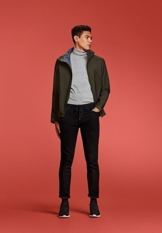 Olive Windbreaker Outfits For Men: For comfort dressing with a contemporary take, you can dress in an olive windbreaker and black skinny jeans. Unimpressed with this outfit? Introduce black and white athletic shoes to shake things up.