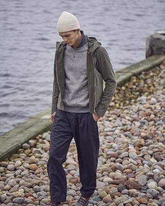 Olive Windbreaker Outfits For Men: Dress in an olive windbreaker and navy chinos to put together a cool and relaxed ensemble. Go ahead and complete your ensemble with grey canvas work boots for a more relaxed twist.