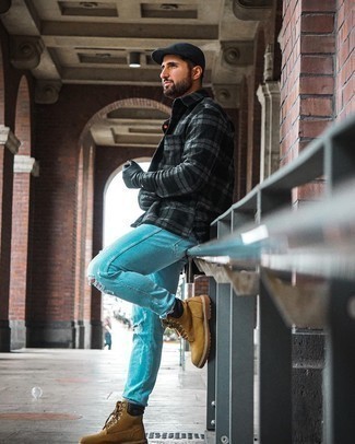 Men's Black Flat Cap, Tobacco Leather Work Boots, Light Blue Ripped Jeans, Charcoal Plaid Flannel Long Sleeve Shirt