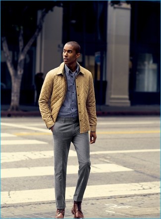Men's Yellow Quilted Barn Jacket, Blue Gingham Long Sleeve Shirt, Grey Dress Pants, Brown Leather Dress Boots