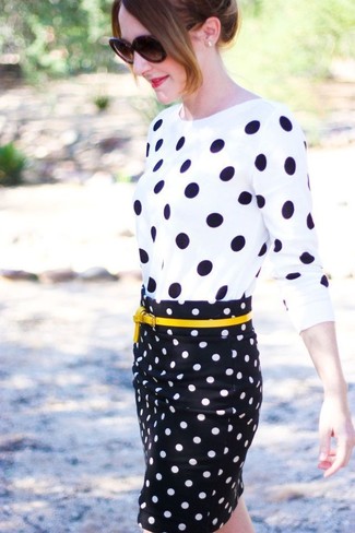 White and Black Polka Dot Crew-neck Sweater Outfits For Women: 