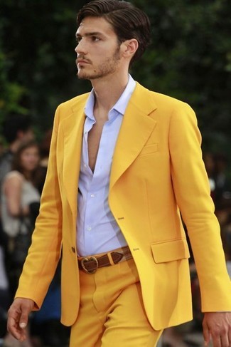 Gold Dress Pants Outfits For Men: Combining a yellow blazer and gold dress pants is a surefire way to inject style into your daily outfit choices.