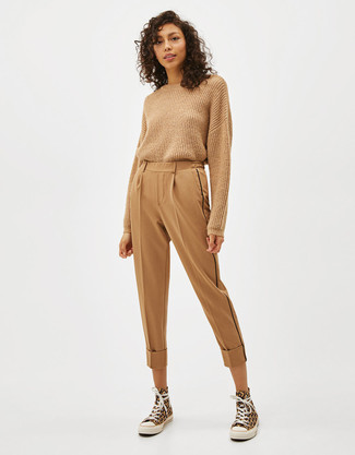 Tan Crew-neck Sweater Outfits For Women In Their 20s: 
