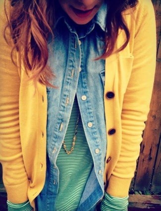 If the setting allows a casual look, dress in a yellow cardigan and a light blue denim shirt.