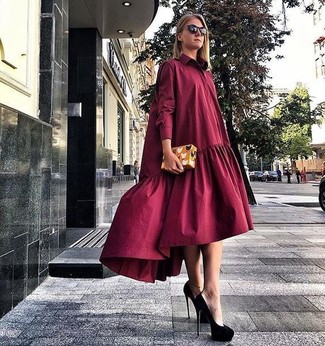Burgundy Ruffle Shift Dress Outfits: 