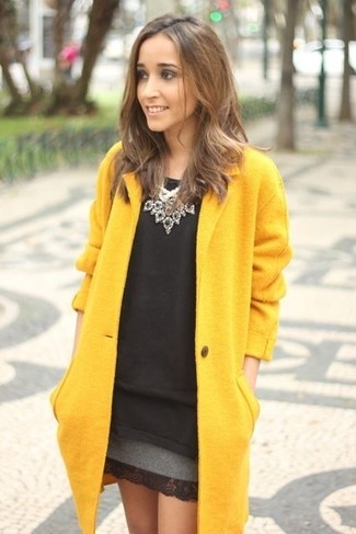 Wool Skirt Outfits: Who said you can't make a style statement with a relaxed ensemble? That's easy in a yellow coat and a wool skirt.