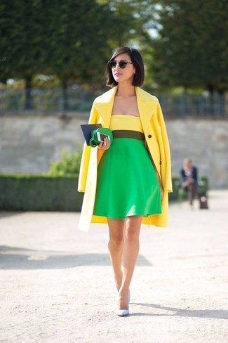 Women's Yellow Coat, Green Skater Dress, Light Blue Suede Pumps, Green Leather Clutch