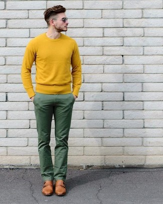 Mustard Crew-neck Sweater Outfits For Men: For a casually dapper look, go for a mustard crew-neck sweater and green chinos — these pieces fit really well together. Feeling inventive? Shake things up by sporting brown leather double monks.