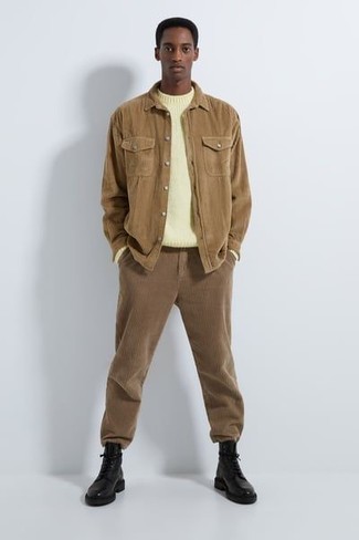Brown Corduroy Chinos Outfits: For a surefire casual option, you can never go wrong with this combination of a yellow crew-neck sweater and brown corduroy chinos. And if you want to instantly polish off your ensemble with a pair of shoes, why not introduce a pair of black leather casual boots to the equation?