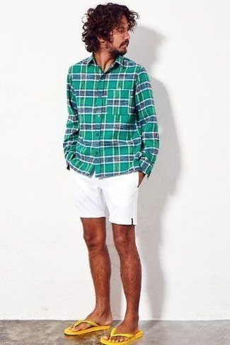 Green Plaid Long Sleeve Shirt Outfits For Men: 