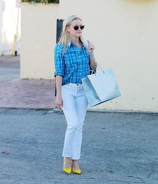 Reese Witherspoon wearing Yellow Leather Pumps, White Jeans, Aquamarine Plaid Dress Shirt