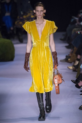 Women's Yellow Velvet Midi Dress, Black Leather Knee High Boots, Brown Leather Handbag, Brown Leather Gloves